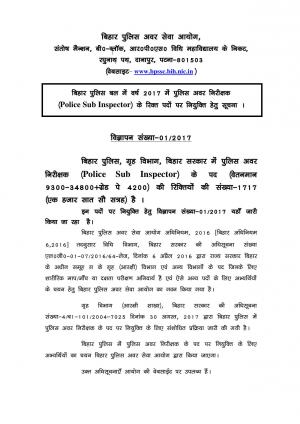 Bihar Police Recruitment  for 1717 Police Sub Inspector Post, Graduate Can Apply
