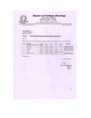 Shyam Lal college (Evening) Sixth Cut-off