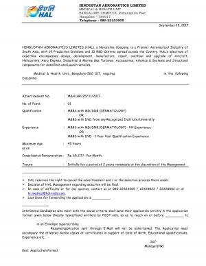 HAL, Bangalore Recruitment 2017 for Senior Medical Officer Post 