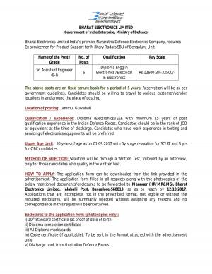 BEL Recruitment 2017 for 6 Sr. Assistant Engineer Posts    