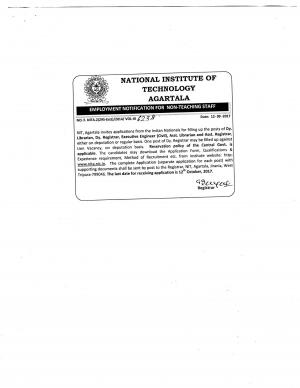 NIT, Agartala Recruitment 2017 for 9 Non-Teaching Staff Posts    