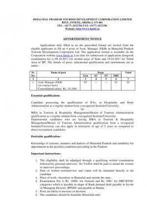 HPTDC Recruitment 2017 for 04 Asstt. Manager (F&B) Posts 