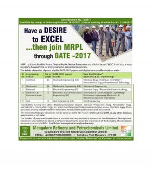 MRPL Recruitment for Engineering Executive through GATE 2018, Apply before 19 Oct
