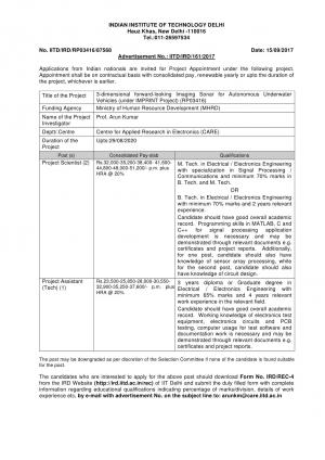 IIT, Delhi Recruitment 2017 for 03 Project Scientist and Project Assistant Posts