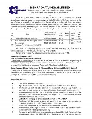 MIDHANI Recruitment 2017 for 03 Deputy and Assistant Manager Posts