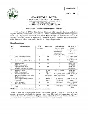 Apply for 11 Assistant/Deputy/Senior Manager and Other Posts at Goa Shipyard Limited (GSL) 