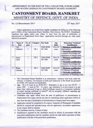 Cantonment Board Ranikhet Jr. Clerk & Other Jobs 