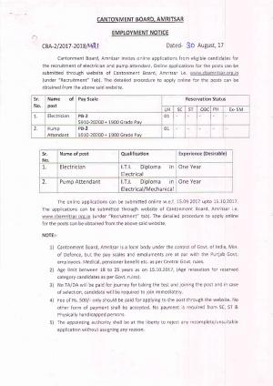 Cantonment Board Amritsar Electrician and Pump Attendant Jobs 