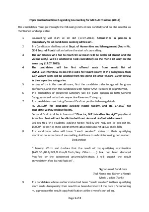 Important Instructions Counselling for MBA Admissions 2013