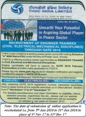 THDC India Limited Recruitment 2018 for Engineer Trainee Posts through GATE 2018‎