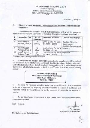 NTRO Sarkari Naukri: 26 Vacancies for Motor Transport Assistant Notified