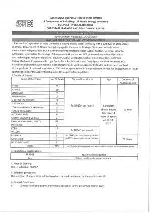 Sarkari Naukri at ECIL, Apply for 275 Vacancies for Trade Apprentice Posts