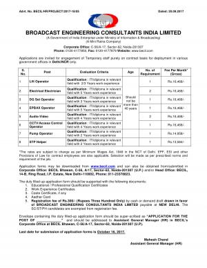 Sarkari Naukri in BECIL: Lift Operator, Electrician and Other Jobs Notified, 10 Vacancies