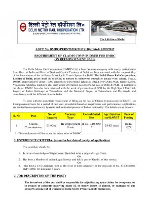 DMRC Recruitment 2017 for Claims Commissioner Post