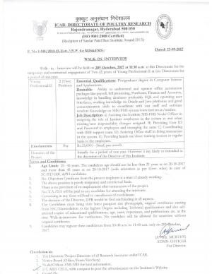 Directorate of Poultry Research Recruitment 2017: Walk in for 2 Young Professional II Posts 