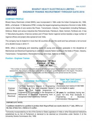 BHEL Recruitment for Engineer Trainee through GATE 2018, Apply @bhel.in