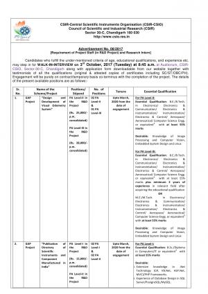 CSIR-CSIO Recruitment 2017 for 08 Project Staff and Research Intern Posts