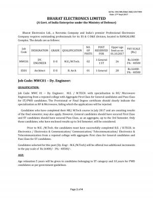 BEL Recruitment 2017, 3 Vacancies for Dy. Engineer & Architect post