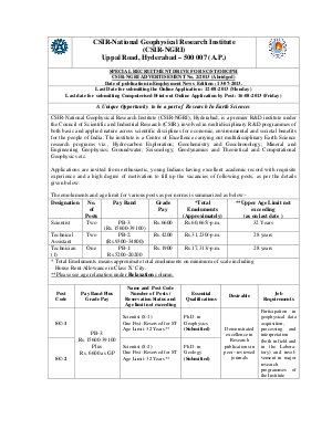 CSIR-NGRI Notified Recruitment to the Post of Scientist, Technical Assistant and Technician 2013