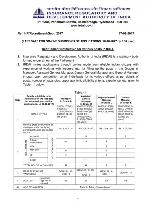 IRDAI Recruitment 2017, 29 Vacancies for Grade 