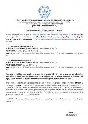 Sarkari Naukri at NISER: Opportunity for 10th Pass for Technical Assistant and Project Assistant Posts