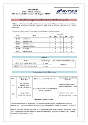 RITES Recruitment 2017, Sarkari Naukri for 12 Engineering Professionals 