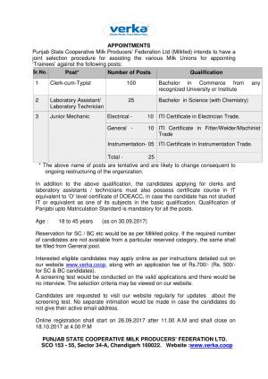 Sarkari Naukri |Punjab MILKFED to Recruit 150 Clerk cum Typist and Other Posts 