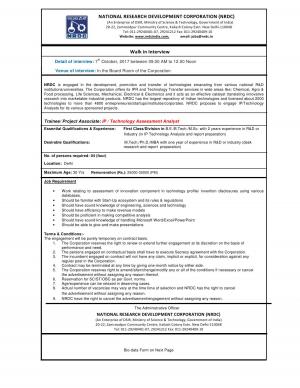 NRDC Recruitment 2017, Sarkari Naukri for Trainee/ Project Associate (IP / Tech Assessment Analyst)