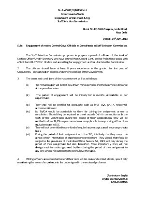 Staff Selection Commission Recruitment for the Post of Consultants 2013