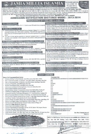 Jamia Millia Islamia Starts Admission to Various Distant Mode courses 2013