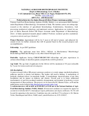 NABI Notified for Walk-In Interview to the Post of Jr Research Fellow 