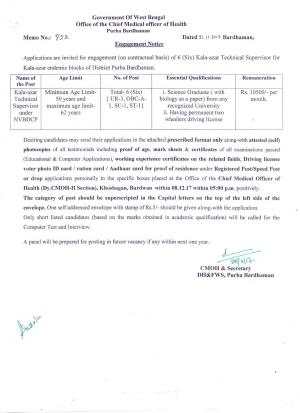 CMOH, Purba Bardhaman to Appoint 06 Kala-azar Technical Supervisor Posts