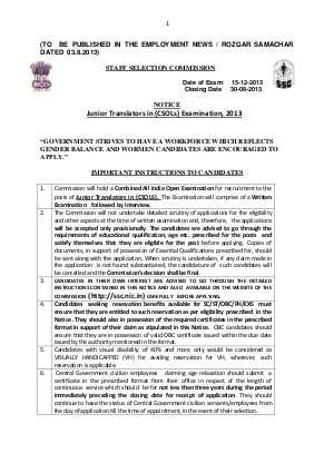 SSC Junior Translators CSOLs Examination 2013 Notification