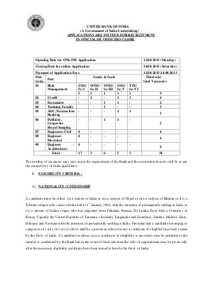 United Bank of India Notified Recruitment for Specialist Officers 2013