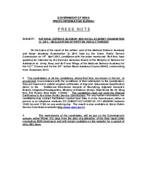 UPSC Result of National Defence Academy & Naval Academy Exam I 2013