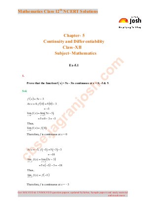 Continuity and Differentiability -CBSE Class 12th NCERT Solution