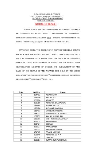 UPSC Announced Result for Assistant Provident Fund Commissioner 2012