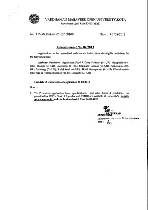 Vardhman Mahaveer Open University Notified Recruitment to Assistant Professor Posts