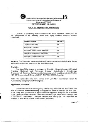 CSIR-Indian Institute of Chemical Technology Notified for Walk-in-Interviews for JRF