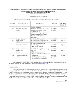 CSIR-NIIST Notification Recruitment for Research Associate & Project Assistant Post 2013 