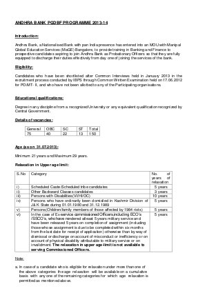 ANDHRA BANK PGDBF PROGRAMME 2013-14