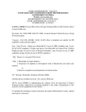 SSC-NWR Notified Recruitment to Carpet Training Officer Posts in Textile Domain 2013