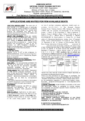 NPTI Started Admission to Post Diploma (Thermal Power Plant Engineering) 2013-2014