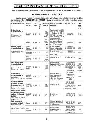 West Bengal Co-operative Service Commission Notified Recruitment to Co-operative Banks 2013