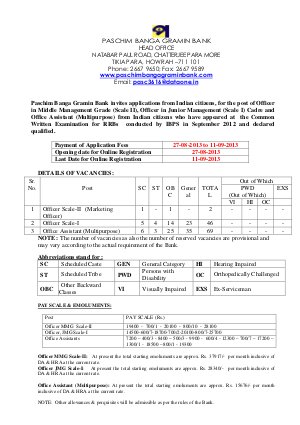 Paschim Banga Gramin Bank Notified Recruitment for 117 Officers Scale & Office Assistant 2013