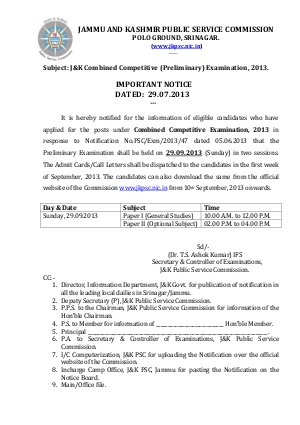 J & K Combined Competitive (Preliminary) Examination 2013: Admit Card