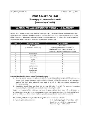 Jesus & Mary College, DU Notified Recruitment to 44 Assistant Professor Posts 2013