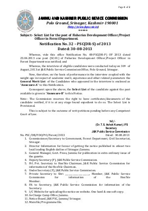 J&K Public Service Commission Announced Result of Fisheries Development Officer/Project Officer