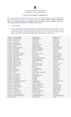 UGC NET June 2013 at Delhi & Ranchi Centers List of Candidates Eligible to Appear