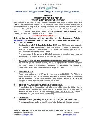 Uttar Gujarat Vij Company Limited Notified Recruitment for Junior Assistant 2013